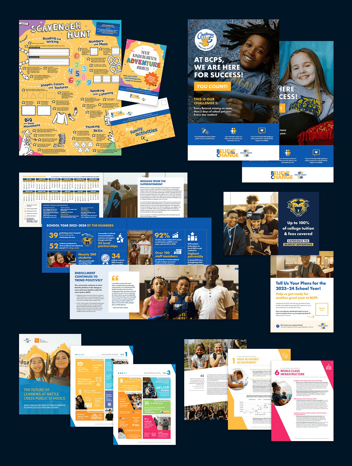 work samples, including posters, activity pack, reports, printed materials