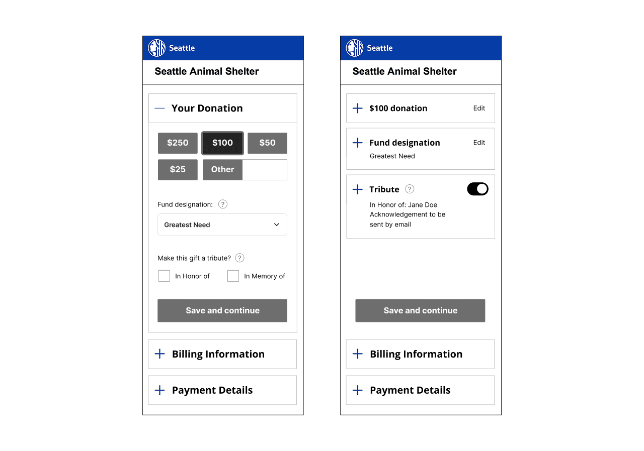 wireframes of accordion style checkout